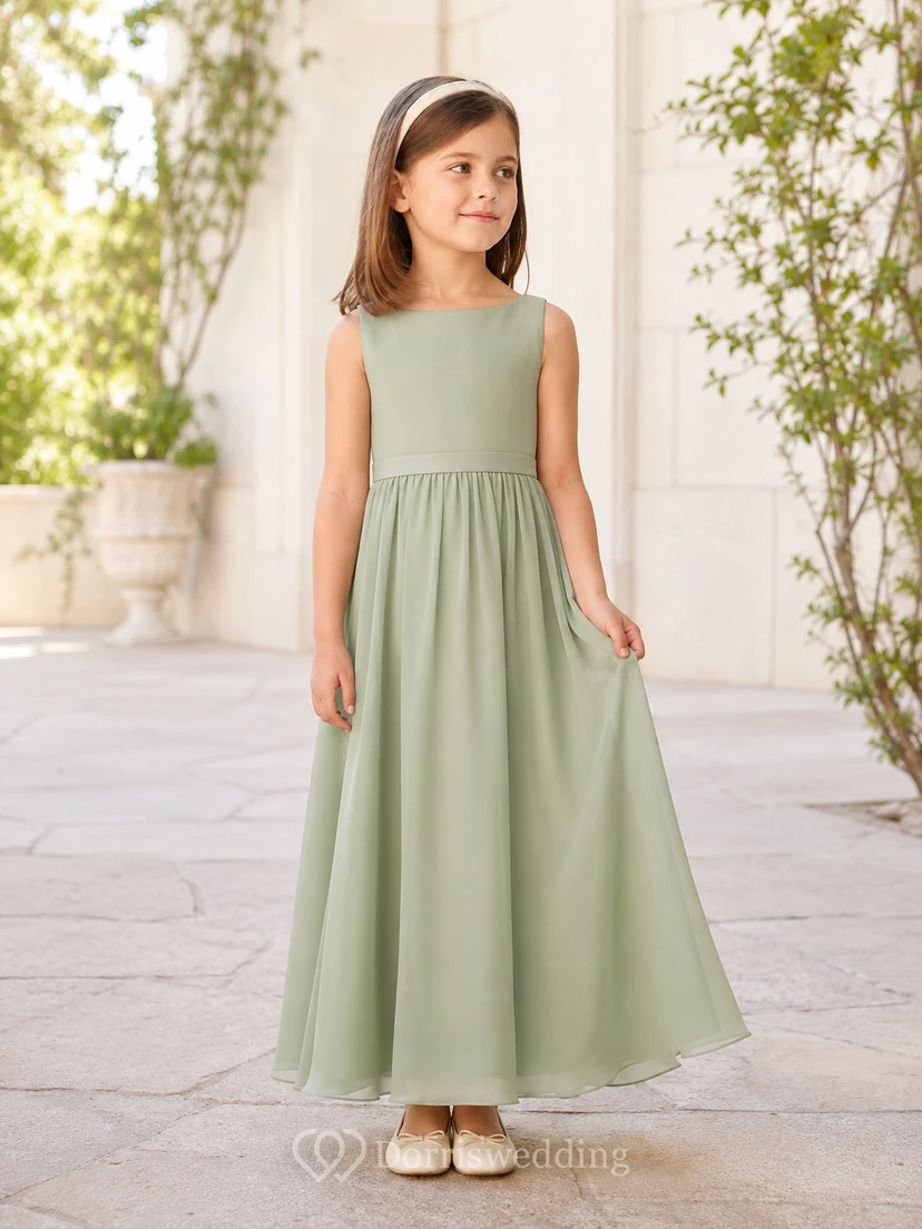 Blumenmädchenkleid aus salbeifarbenem Chiffon, A-Linie, Rundhalsausschnitt, Teelänge