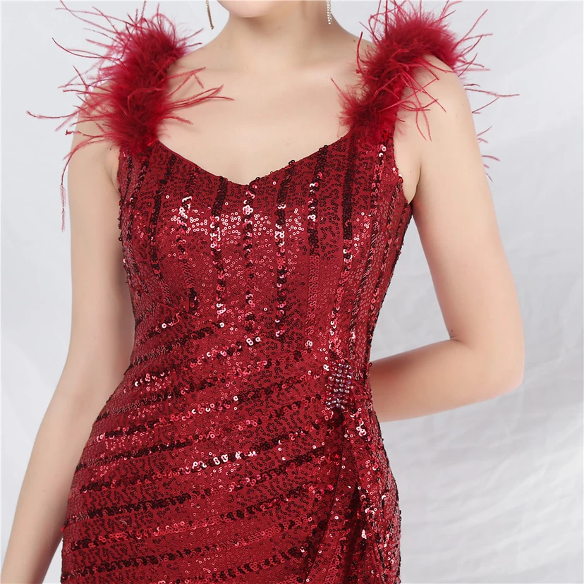 Evening Dress Craft Beaded Ostrich Feather Sequined Side Slit Evening Dress view 62