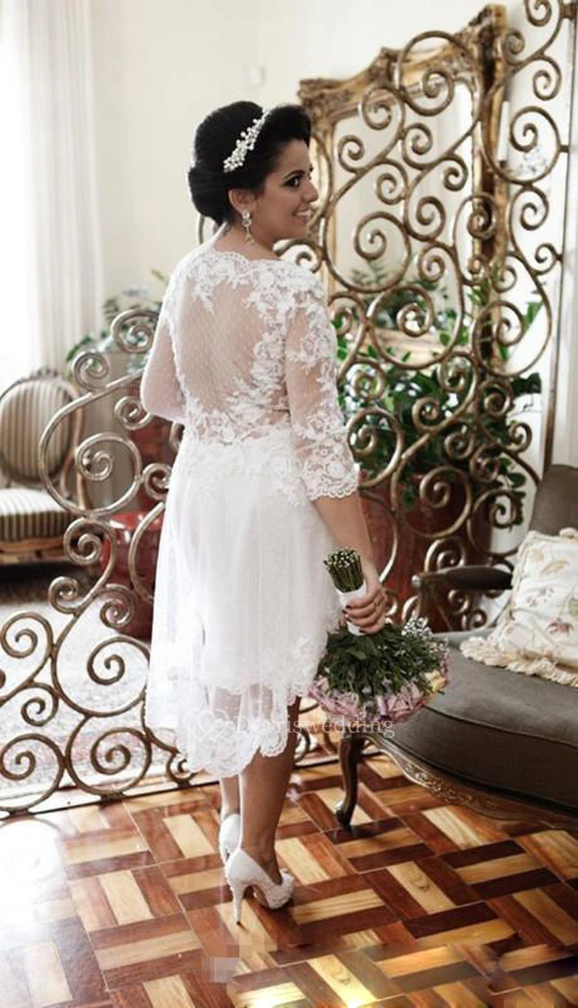 Vintage Brautkleid in Übergröße mit Spitze, A-Linie, halblangen Ärmeln, Illusion-Oberteil und kurzem Schnitt, Gartenstil view 4
