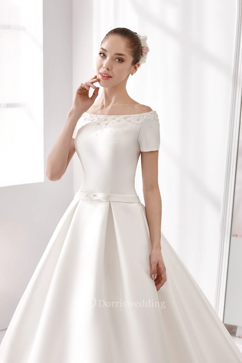 Off-Shoulder A-Line Satin Wedding Dress With Beaded Details And Little Bow Sash view 3