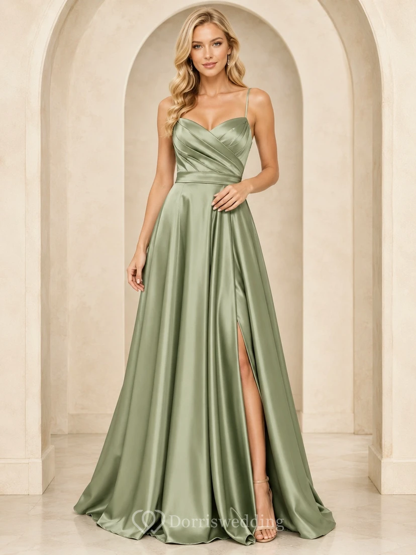 Sage Green Cowl Neck Split Satin A-Line Floor-Length Elegant Formal Gown