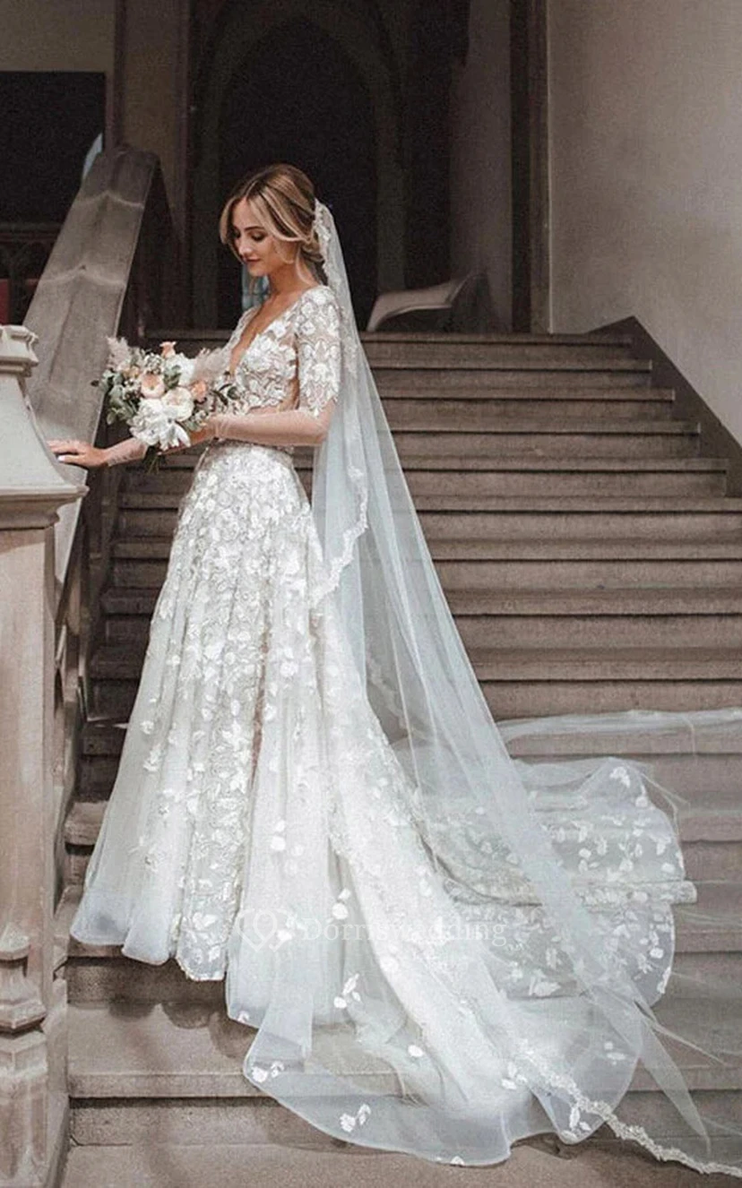Vintage-Boho-Brautkleid mit V-Ausschnitt, rückenfreiem Design, halblangen Ärmeln und Perlenbesatz an der Taille