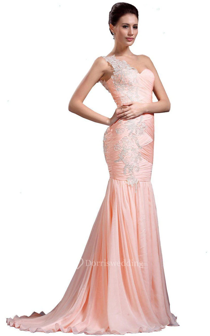 One-shoulder Trumpet Gown With Pleats and Appliques