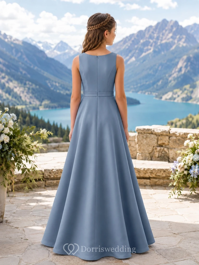Stahlblaues Brautjungfernkleid für junge Mädchen, A-Linie, U-Boot-Ausschnitt, ärmellos, romantisch view 2