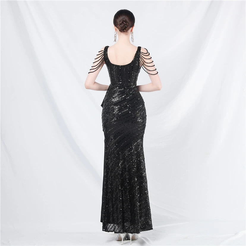 Craft Sequined Velvet Bottom Handmade Beaded Long Elegant Light Luxury Evening Dress view 45
