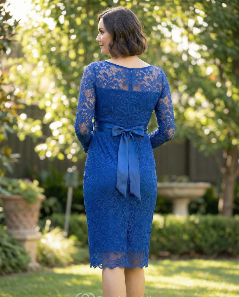 Royal Blue Lace Maternity Dress with Long Sleeves, Illusion Neckline & Satin Waist Bow view 2