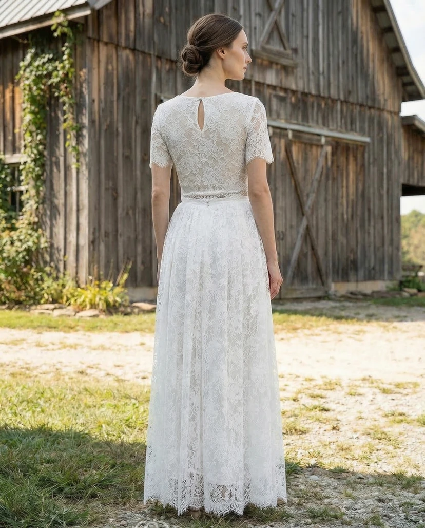 Jewel Neck T-Shirt Sleeve Lace Wedding Dress view 2