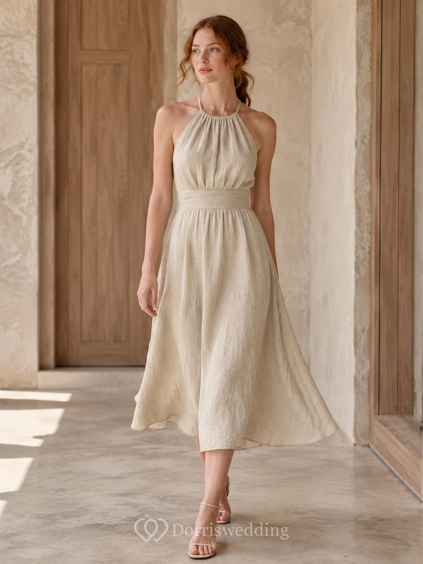 Beige Linen Halter High Neck Belted A Line Midi Dress