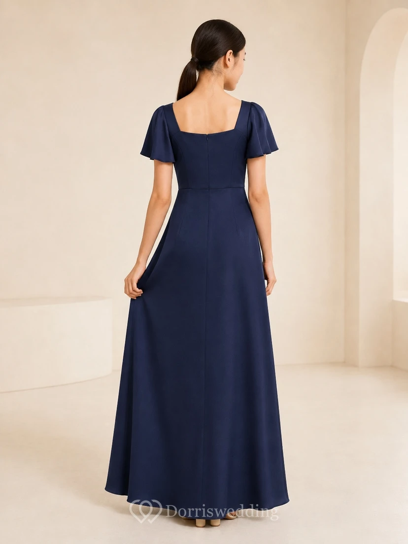 Minimalist Dark Navy Short Sleeve Satin Square A-Line Floor-length Junior Bridesmaid Dress view 2