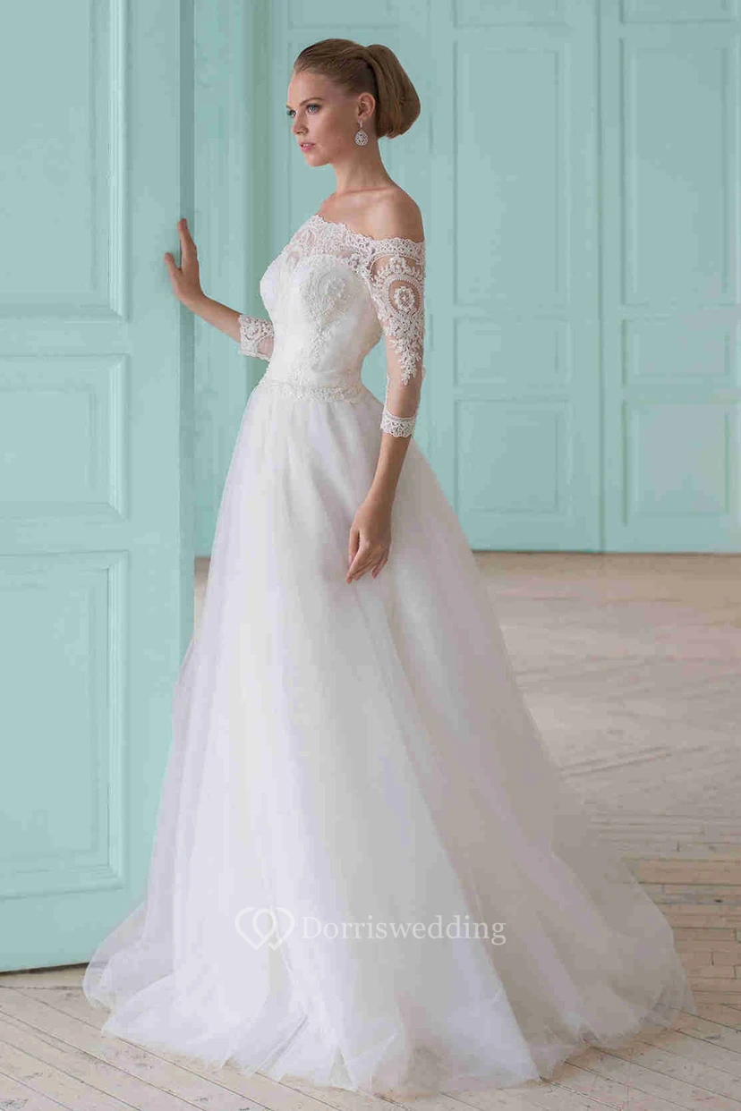 A-Line Beaded Off-The-Shoulder Long-Sleeve Tulle Wedding Dress With Lace And Illusion