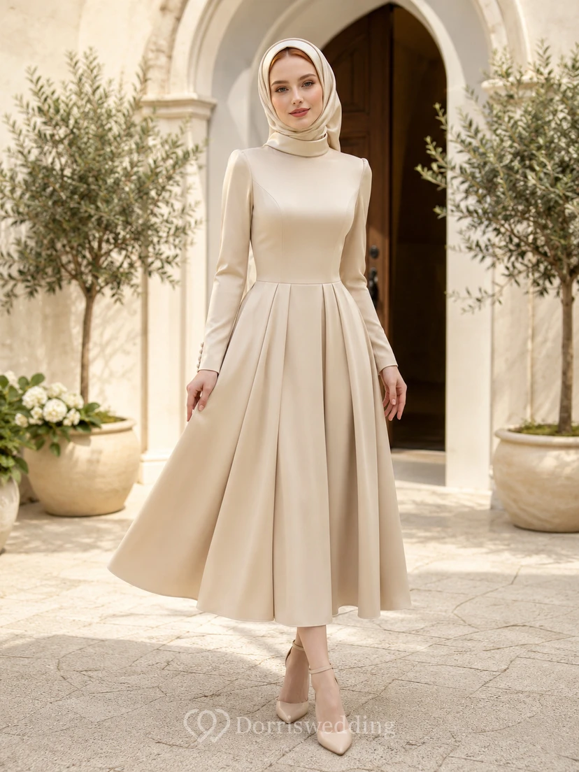 Vestido de novia civil musulmán modesto plisado color champán, largo hasta la rodilla.