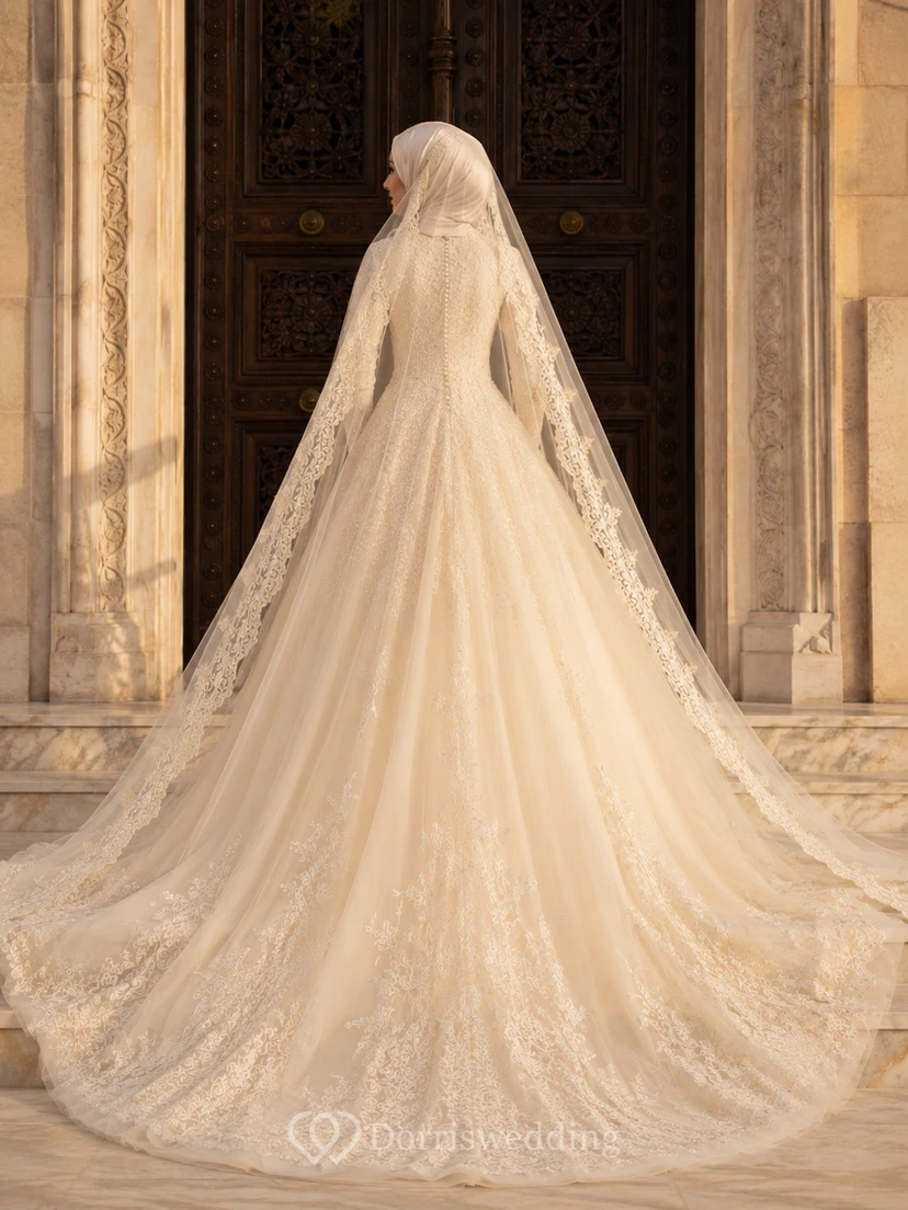 Modest Muslim Lace Trimmed Veil Doorway Bridal Gown view 2