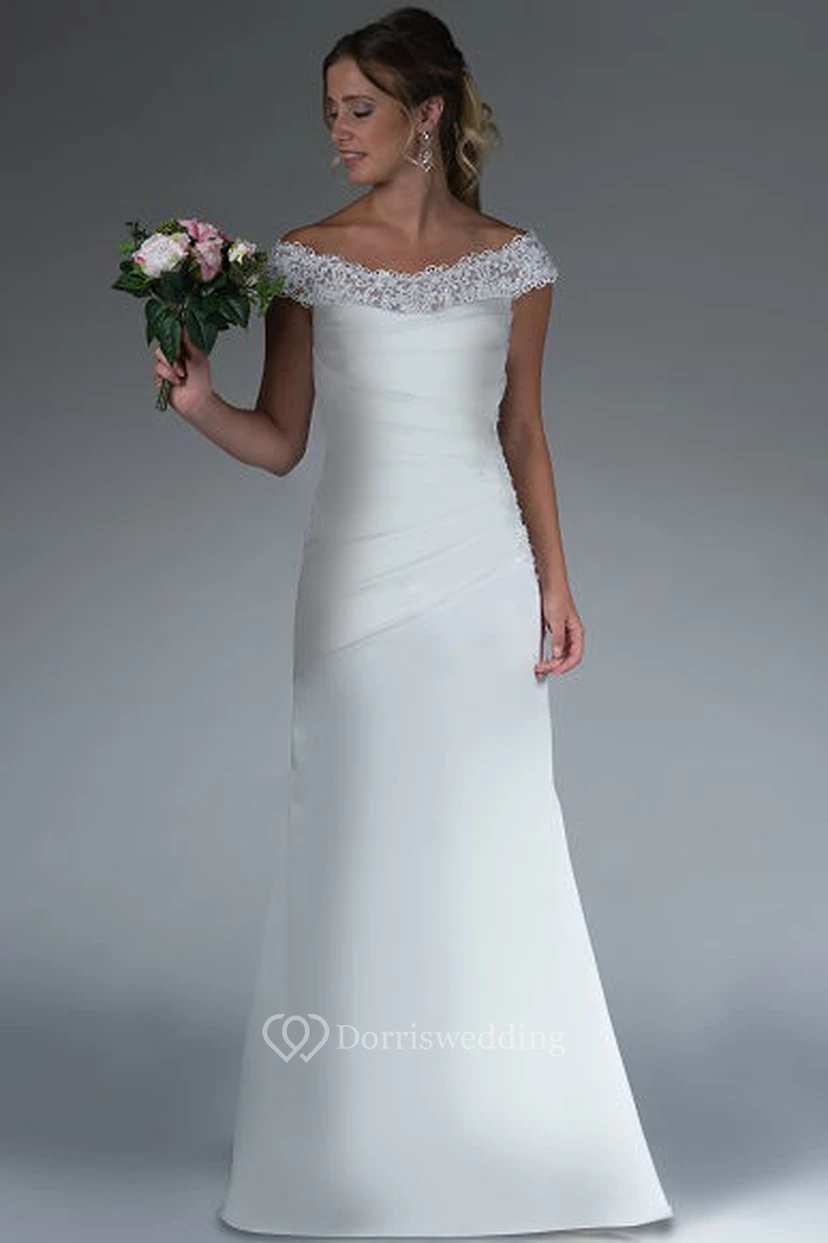 Lace Off Shoulder Sheath Satin Bridal Gown With Ruching