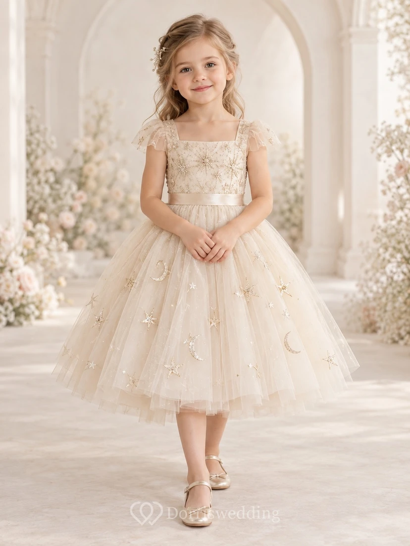 Square Neck Tea-length Champagne Celestial Flutter Sleeve Tulle Flower Girl Dress