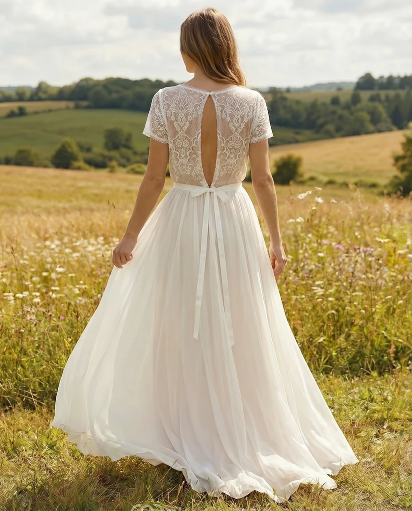 Boho Lace Short Sleeve Wedding Dress with Chiffon Skirt for Country Ceremony view 2