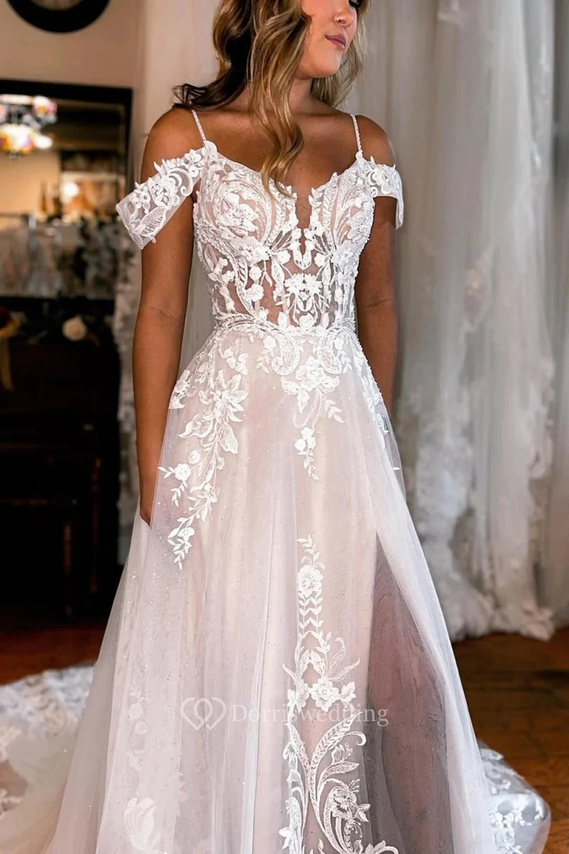 White Strapless Wedding Dress with Slit view 4