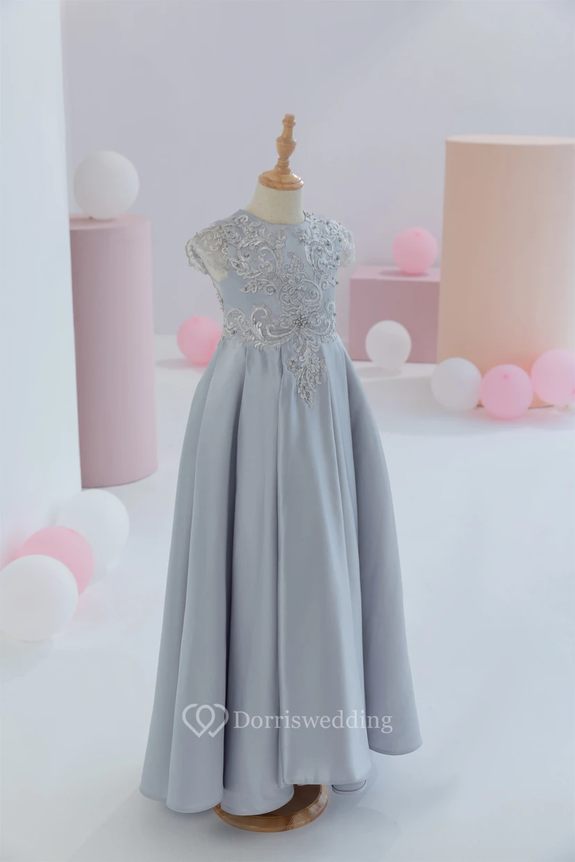 Scoop-neck Short-sleeve Satin Empire Ball Gown Flowergirl Dress with Appliques view 7