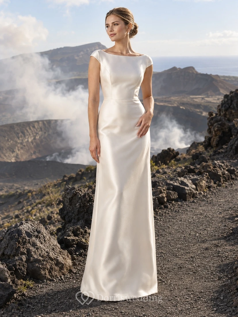 Schlichtes Brautkleid aus Satin mit U-Boot-Ausschnitt und kurzen Ärmeln