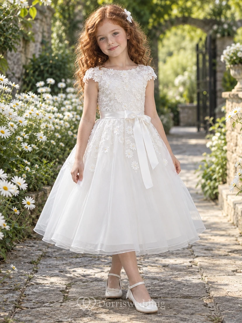 Vestido de niña de flores blanco de corte A con estampado floral, mangas cortas y apliques de lazo lateral.