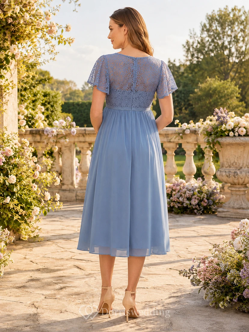 Dusty Blue Maternity Lace Bodice Short Sleeve Chiffon Tea Length Dress view 2