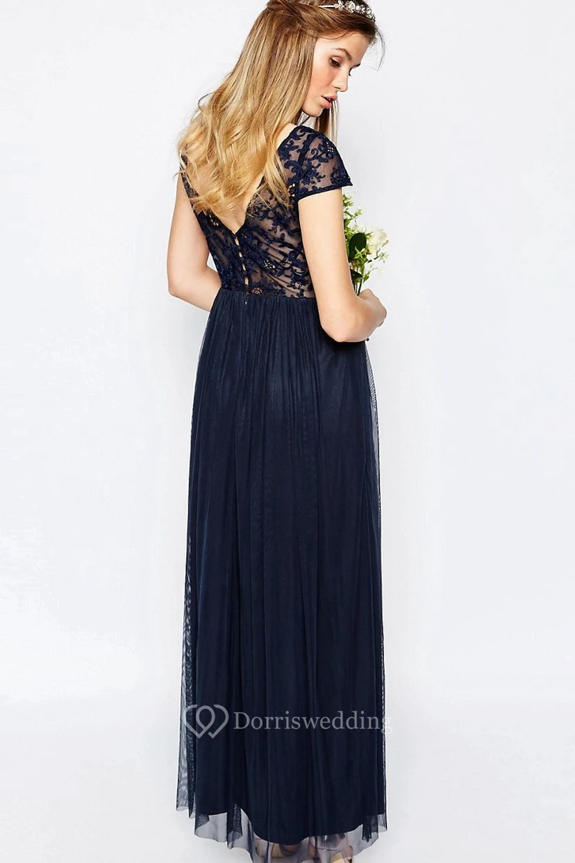 A-Line Appliqued Bateau-Neck Floor-Length Short-Sleeve Chiffon Bridesmaid Dress With Pleats view 2