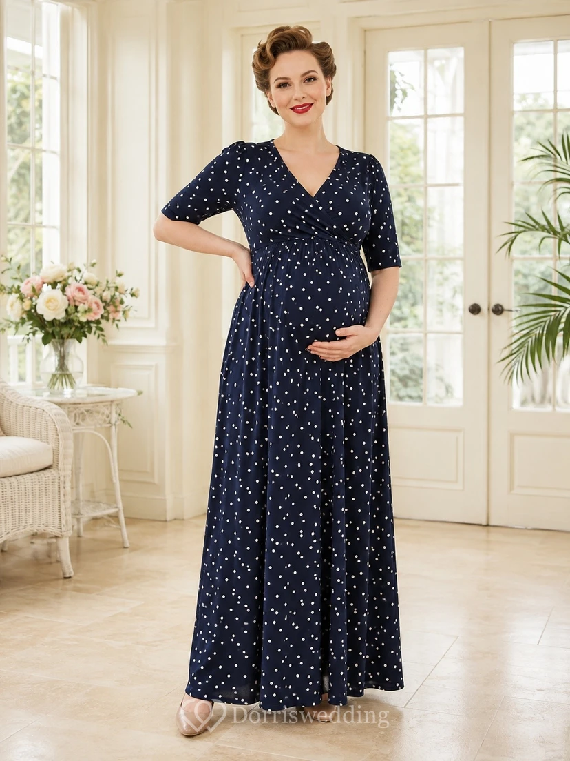 Vintage Dark Navy V-neck 3/4 Length Sleeve A-line Chiffon Dress