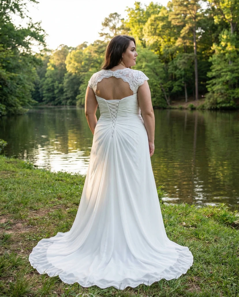 Plus Size Cap Sleeve Chiffon Wedding Gown view 2