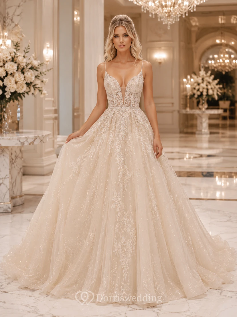 Robe de bal en dentelle florale rose poudré à fines bretelles et col en V, robe de mariée de luxe avec traîne chapelle