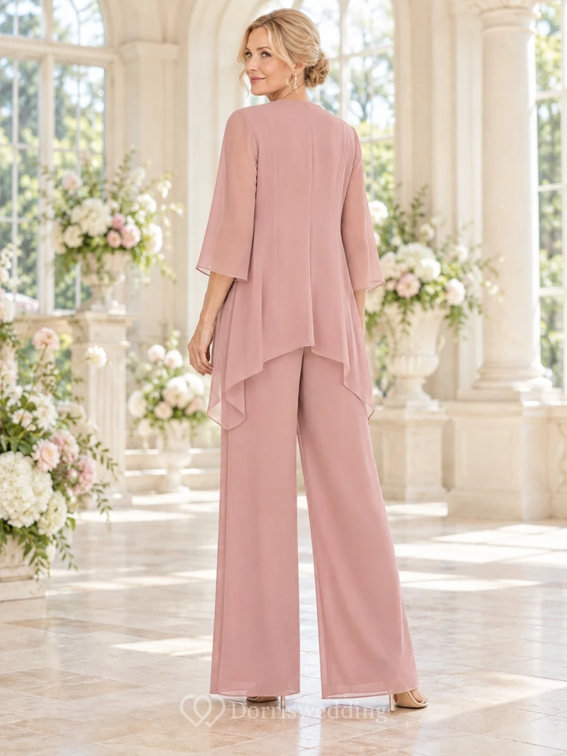 Dusty Rose Three-quarter Sleeve Waterfall Jacket Wide Leg Mother Pantsuit view 2