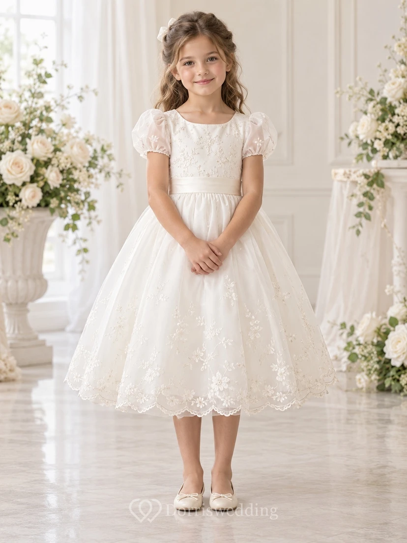 Tea-length Ivory A-line Lace Tulle Puff-sleeve Scalloped V-back Flower Girl Dress