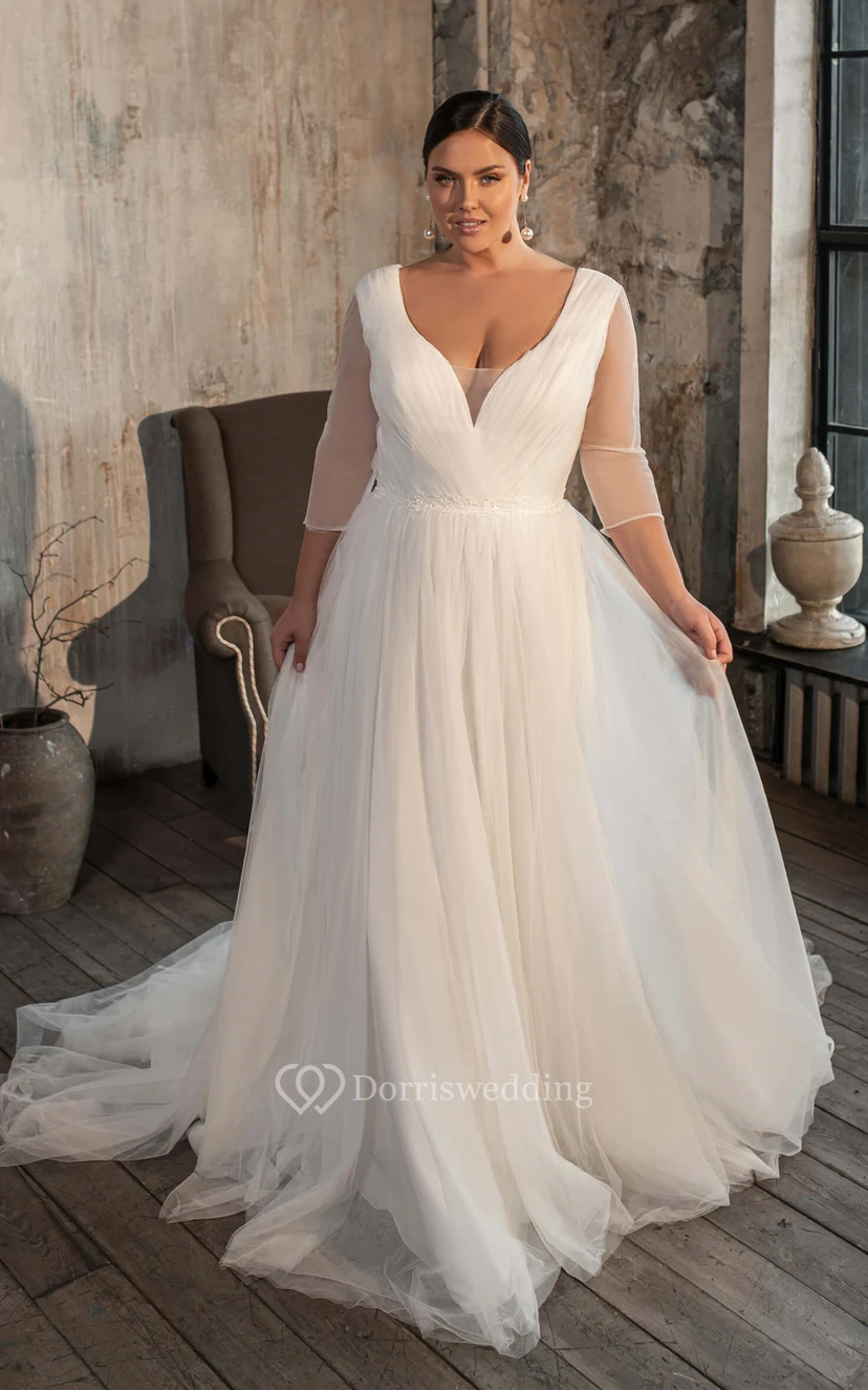 Charming A Line V-neck Tulle Court Train Wedding Dress with Ruching view 3