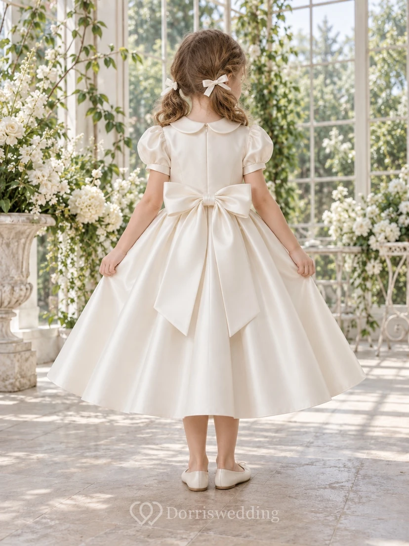 Tea-length Vintage Ivory A-line Satin Collared Puff-sleeve Bow-back Flower Girl Dress view 2