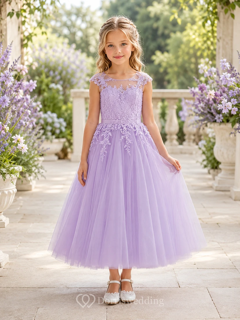 Pastel Tulle with Applique Bodice Lace A-Line Flower Girl Dress with Short Sleeves, Jewel Neck and Tea-Length Skirt