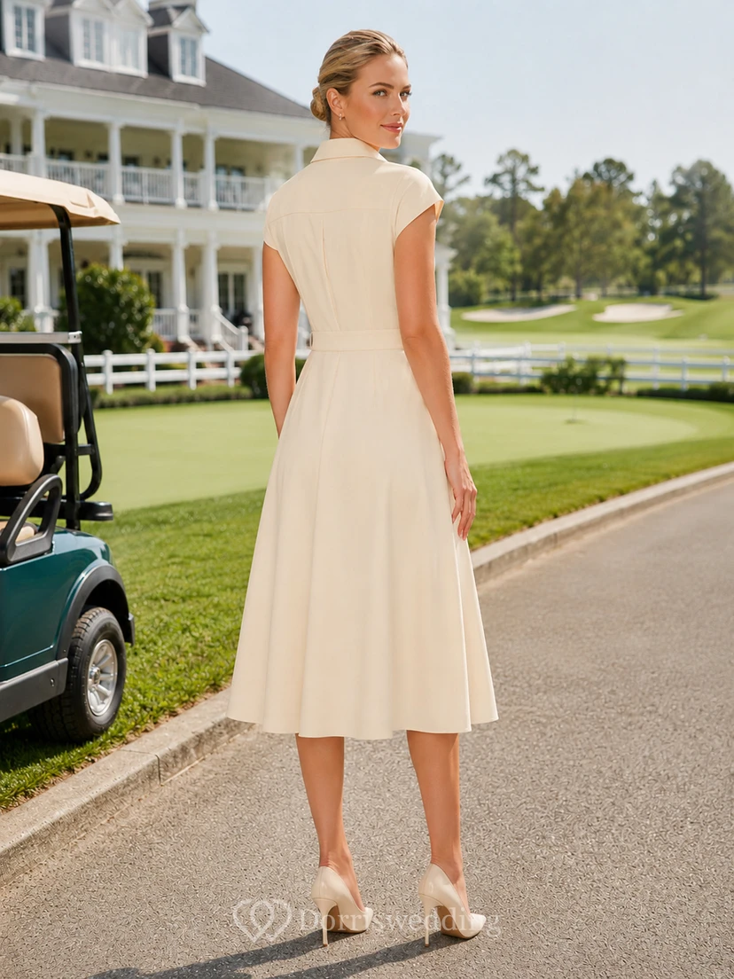 Cremefarbenes, ärmelloses A-Linien-Midikleid mit Kragen im Country-Club-Stil view 2