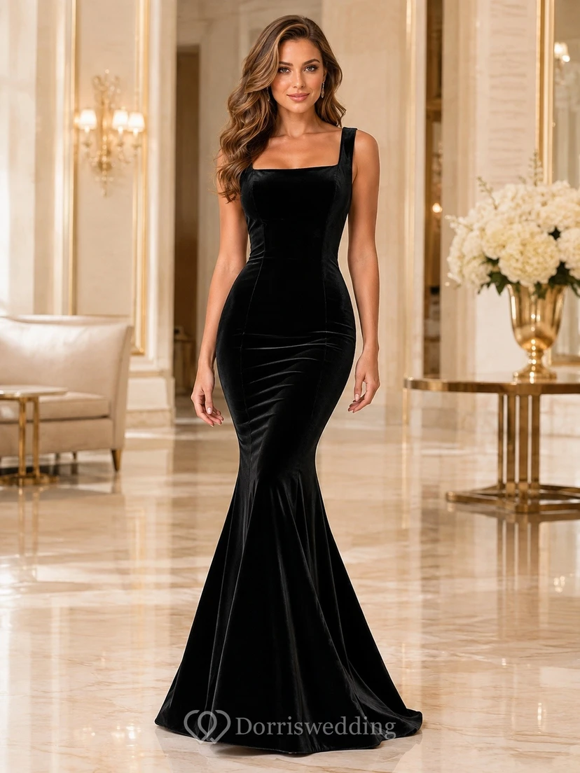 Black Strapless Sleeveless Satin Mermaid Sweep Train Sexy Evening Formal Dress