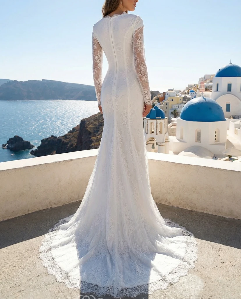 Robe de mariée bohème courte en dentelle à manches longues avec traîne view 2
