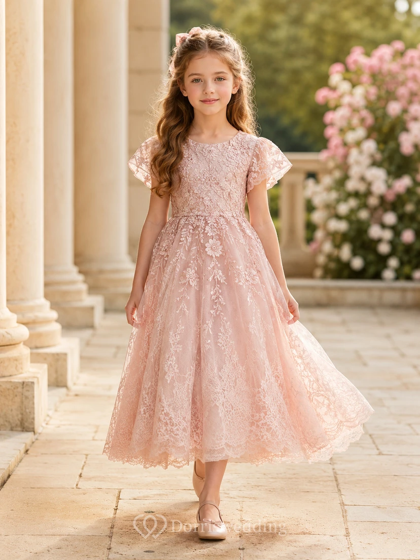 Flower Girl Dress Blush Lace Tulle A-Line Scoop Neck Tea Length