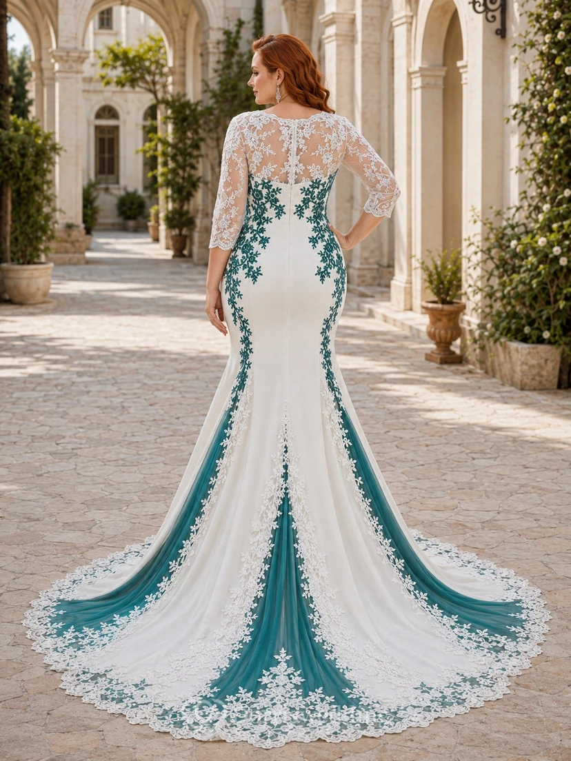 Peacock Plus Size Meerjungfrauen-Brautkleid mit V-Ausschnitt, langen Ärmeln, Spitze und Kapellenschleppe view 2