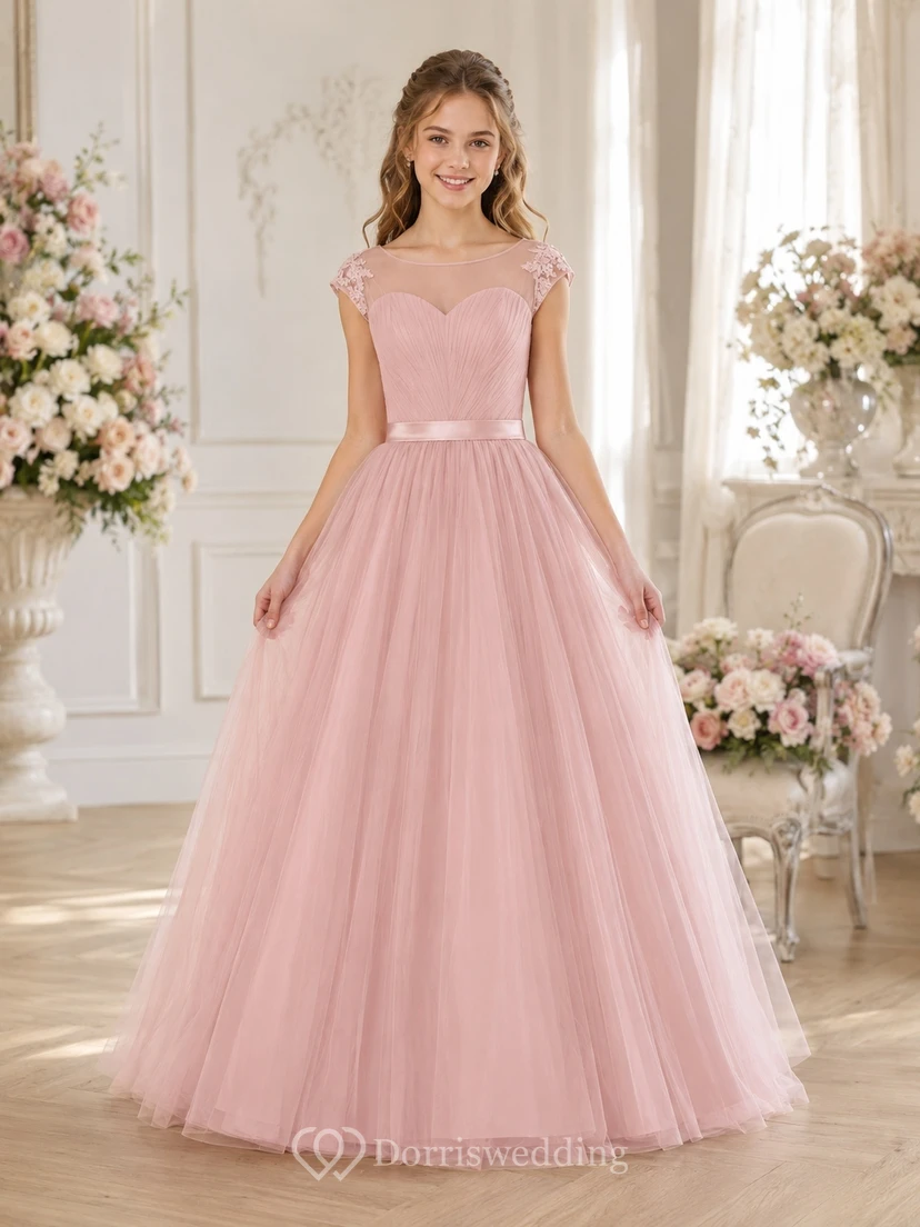 Zartrosa Brautjungfernkleid, Ballkleid mit herzförmigem Ausschnitt, kurzen Ärmeln und Tüllrock