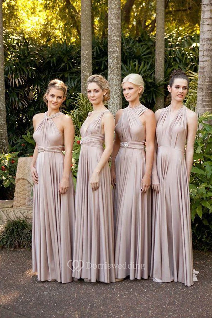 Chiffon Convertible Champagne Bridesmaid Dresses Ruffles Sleeveless Prom Gowns