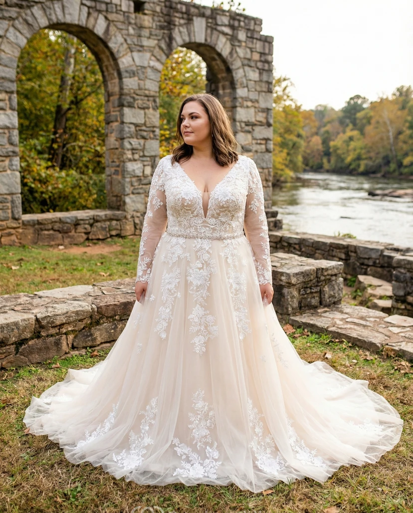 Vestido de novia de encaje de manga larga y espalda descubierta