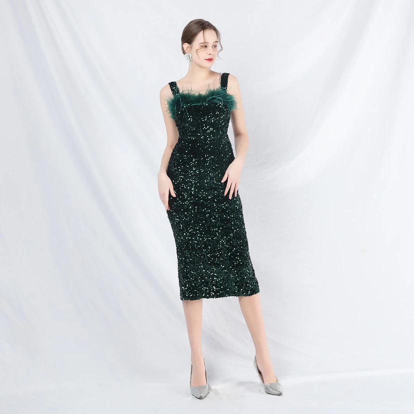 Craft Ostrich Feather Velvet Sequined Evening Dress view 56
