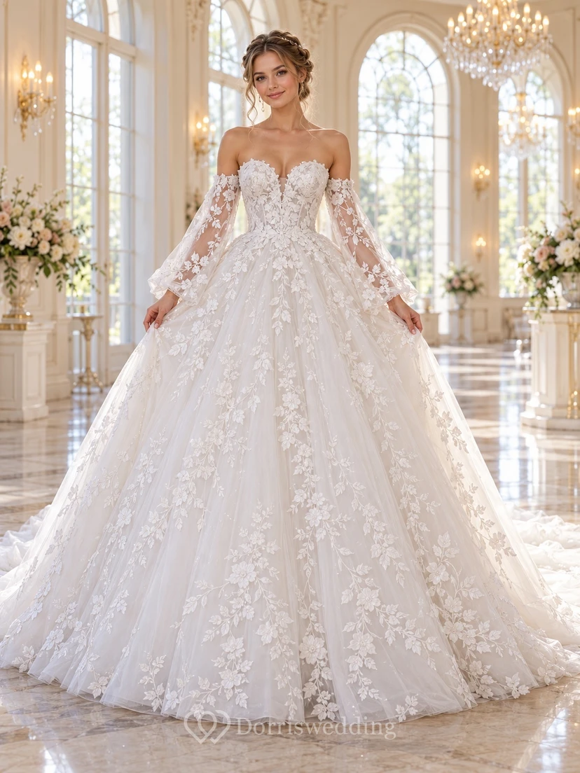 Vestido de novia de gala con tul floral, mangas acampanadas y hombros descubiertos