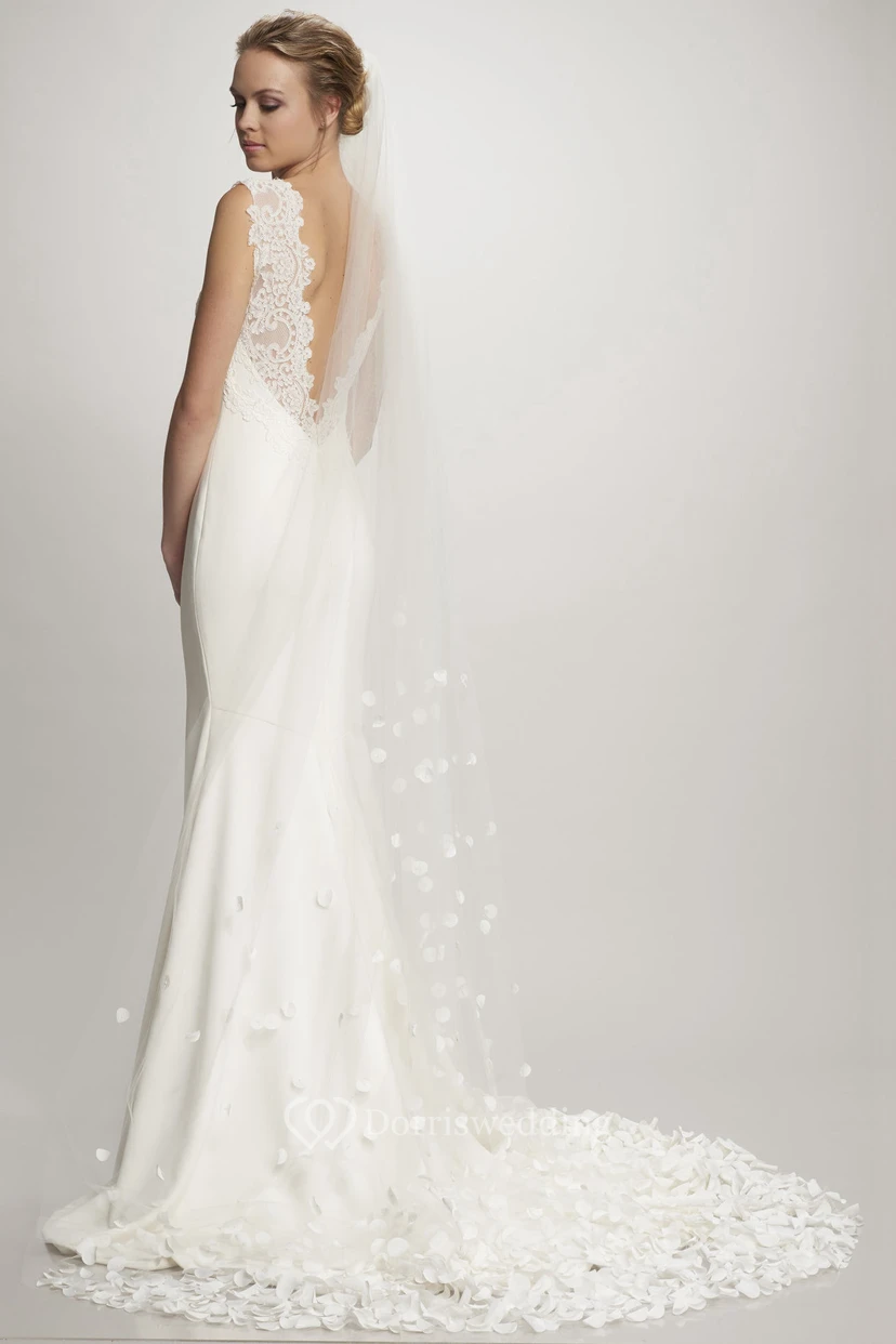 Sheath Lace Sleeveless Floor-Length Bateau Satin Wedding Dress With Deep-V Back And Court Train view 3