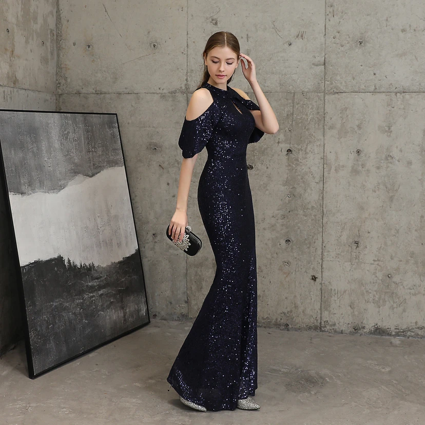 Banquet Temperament Elegant Long Short-Sleeved Sequin Aura Queen Fishtail Evening Dress view 26