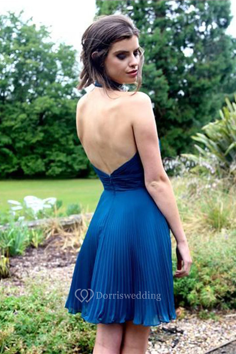A-Line Mini Sleeveless Beaded High Neck Prom Dress With Backless Style And Pleats view 2