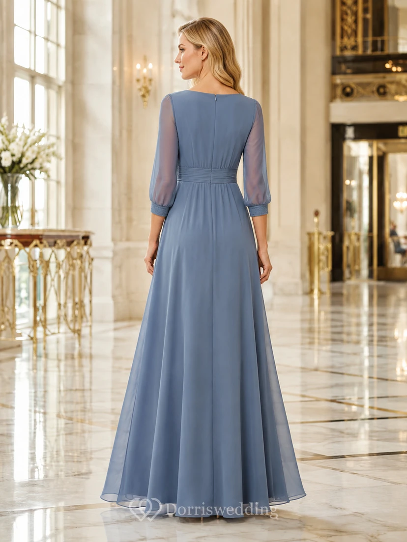Dusty Composure Stahlblaues, bodenlanges A-Linien-Kleid aus Chiffon mit U-Boot-Ausschnitt und Dreiviertelärmeln – ein schlichtes, elegantes Abendkleid view 2