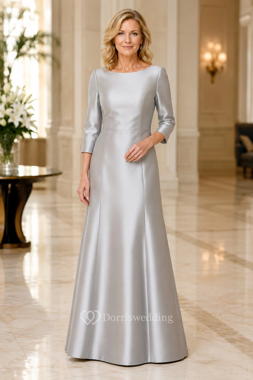 MOB-Kleid aus silbernem Satin, A-Linie, 3/4-Ärmel, U-Boot-Ausschnitt, bodenlang, plissiert