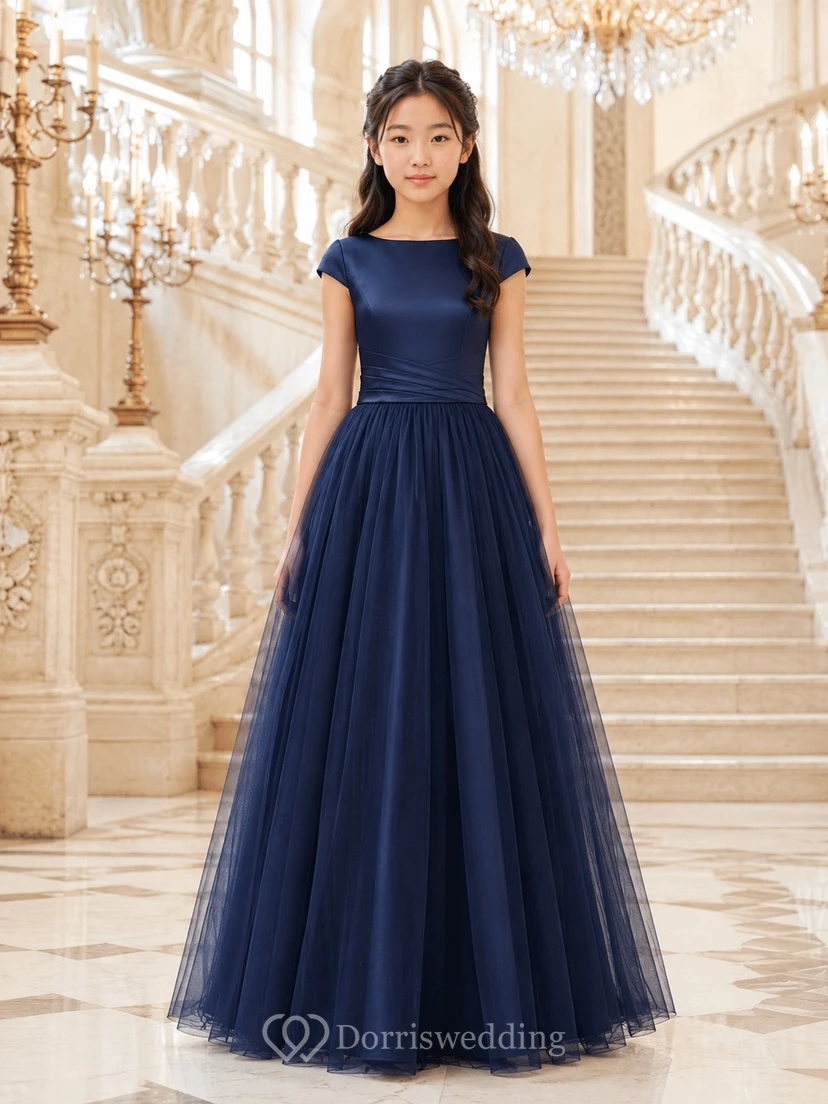 Dunkelblaues Brautjungfernkleid im A-Linien-Stil mit Schmucksteinen, kurzen Flügelärmeln, elegant