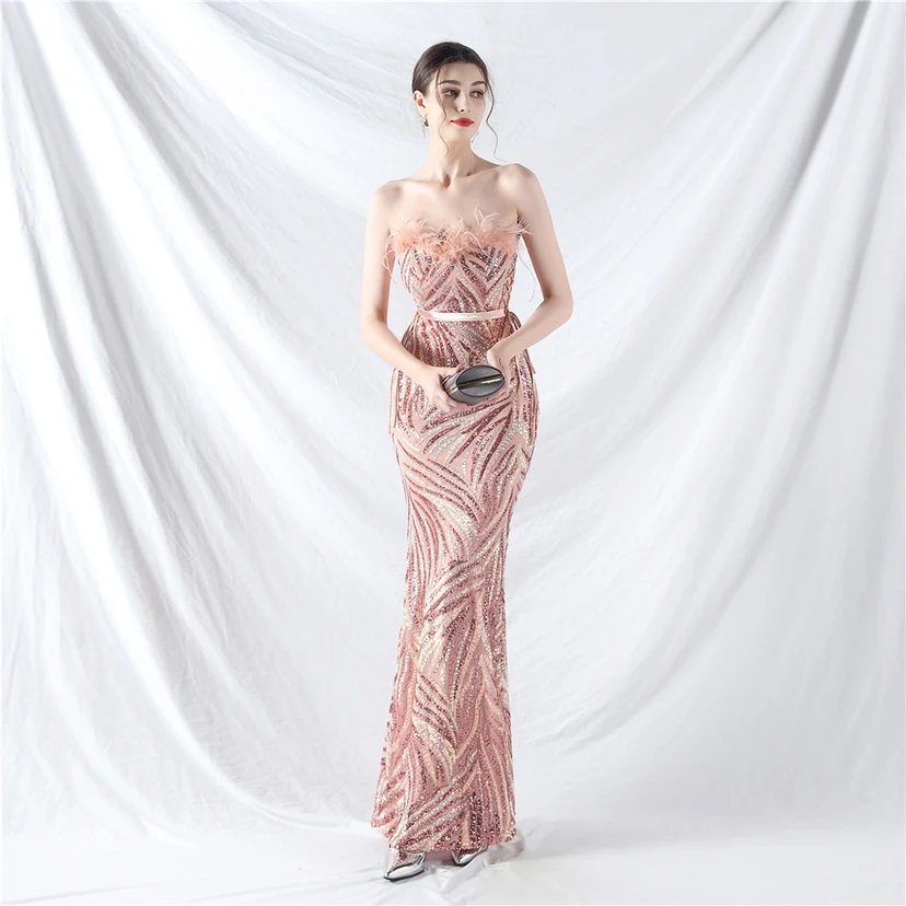 Double-Binding Rope-Binding Craft-Made Ostrich Feather Encrypted Laminated Beads High-End Evening Dress view 25